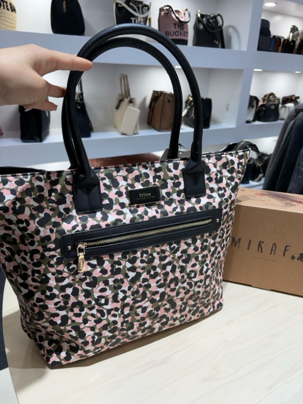 Trina Turk Pink and Black Leopard Print Tote with Gold Accent